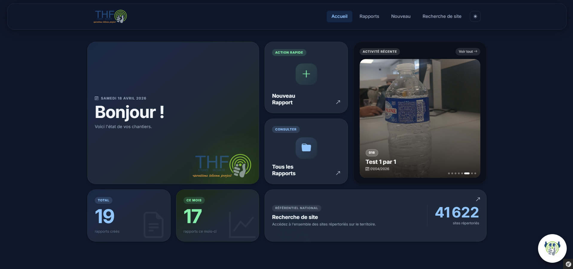 Tableau de bord de l'application THF Operations Telecom Project