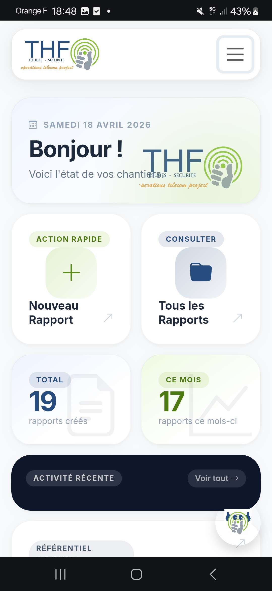 Dashboard mobile — mode clair
