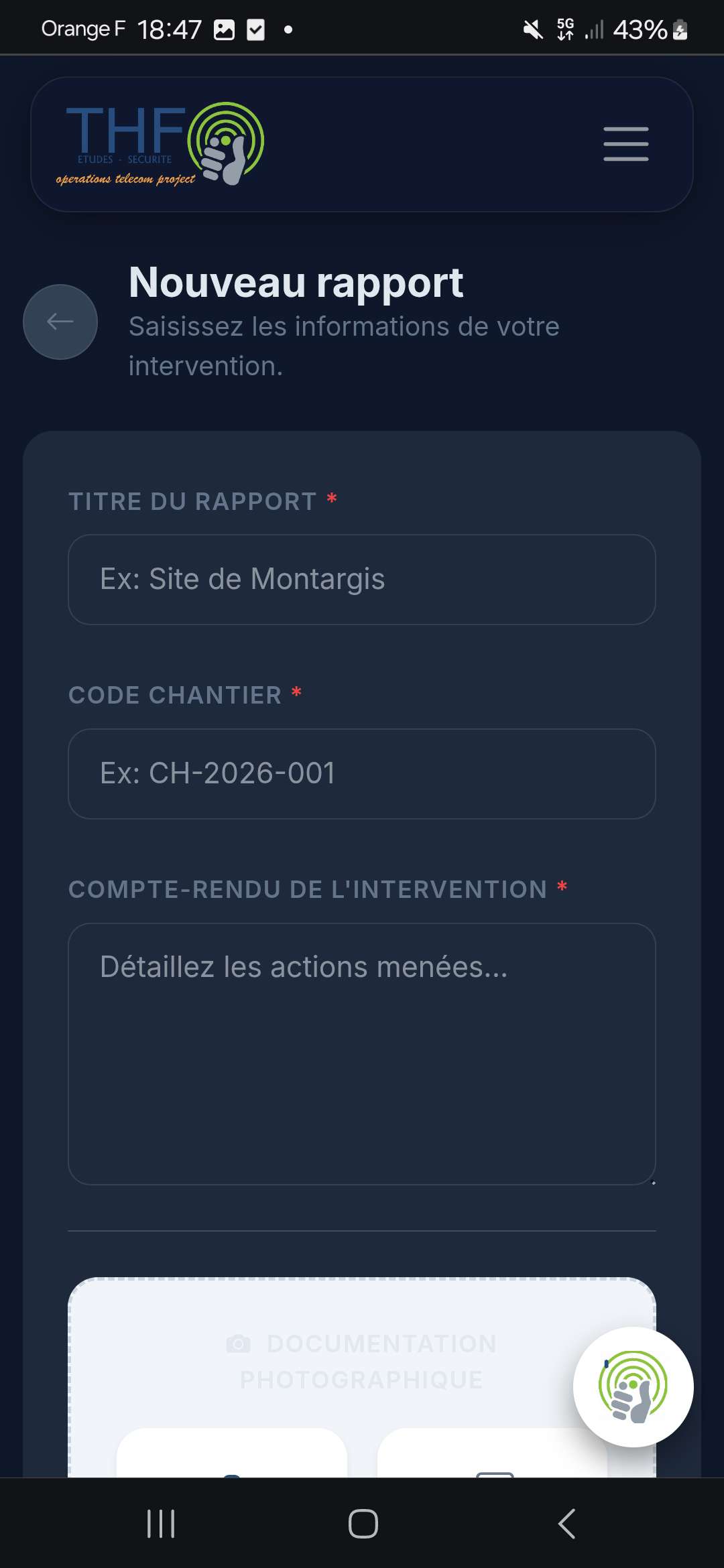 Formulaire nouveau rapport sur mobile