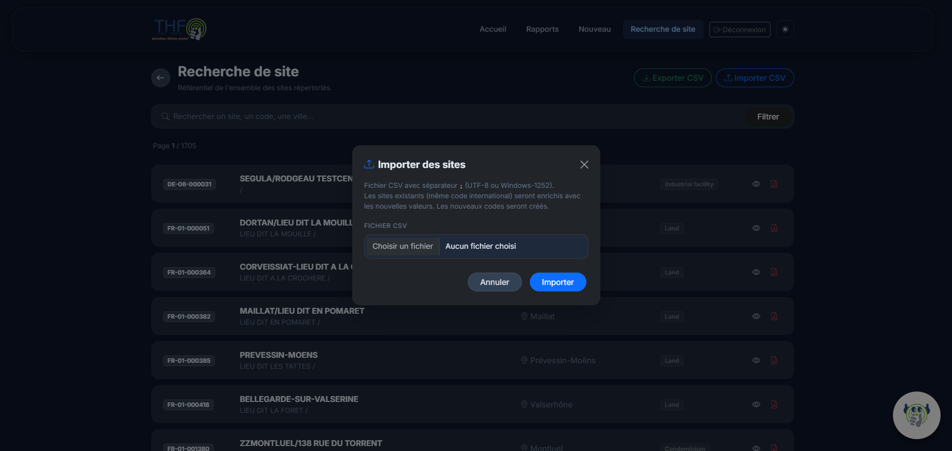 Modale d'import CSV