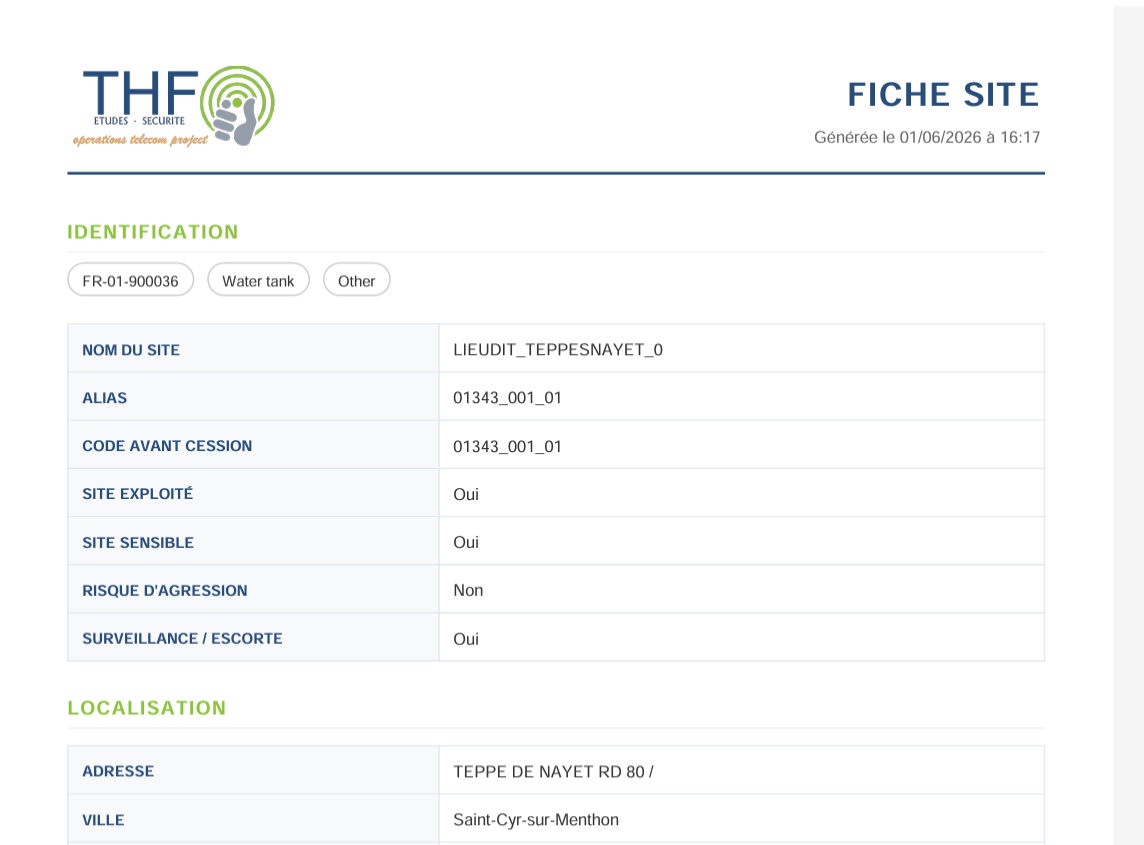 Export PDF d'une fiche site