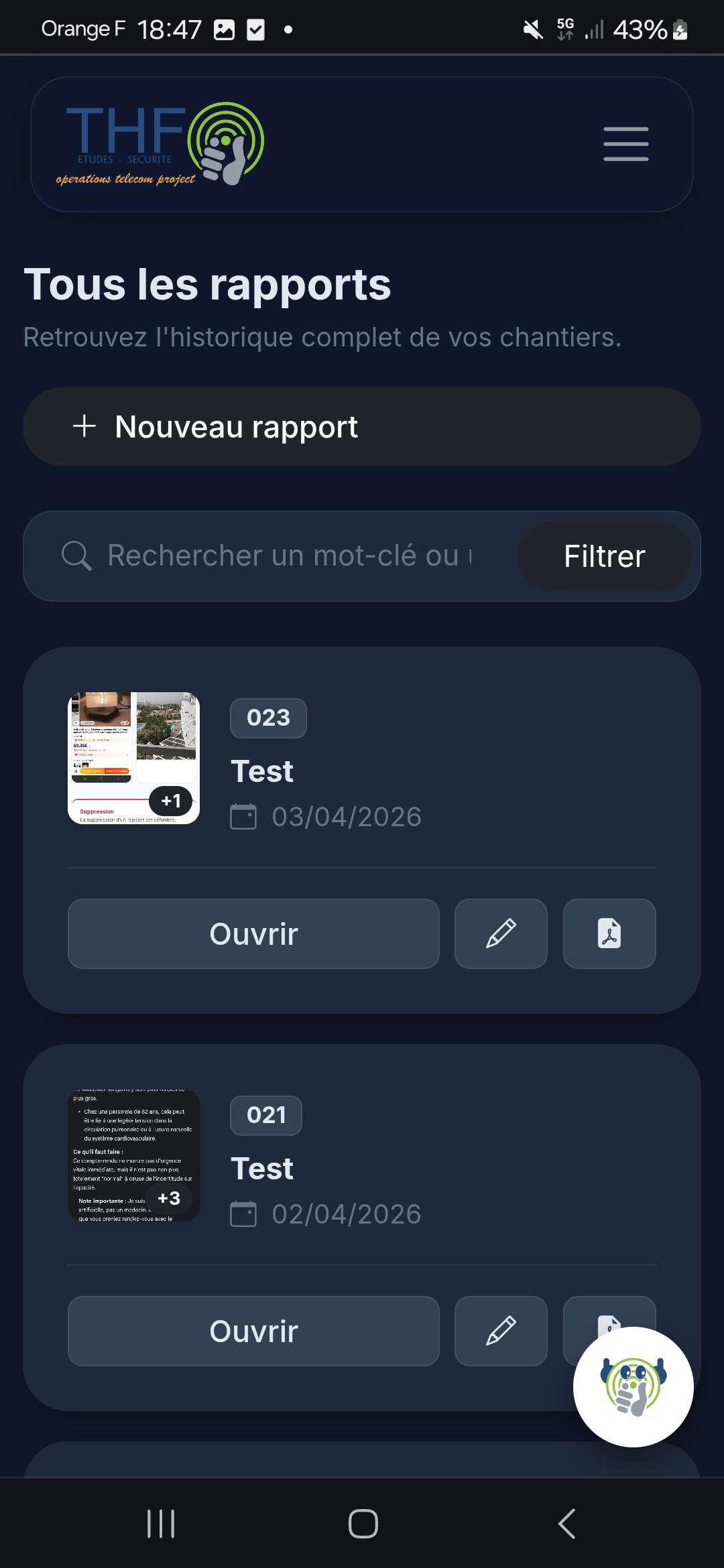 Liste des rapports sur mobile